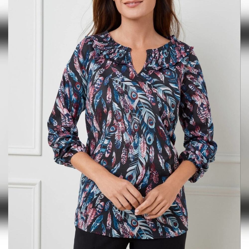 Talbots SMOCKED COTTON POPOVER - FALLING FEATHERS plus size‎ 2X